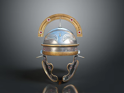 Ancient Weapon Helmet With Silver Gold Metal Arched Design Red Gemstones And Neck Guard 3d model