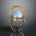 Ancient Weapon Helmet With Silver Gold Metal Arched Design Red Gemstones And Neck Guard