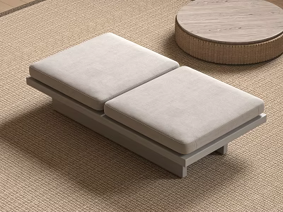 Modern Minimalist Interior With Upholstered Bench And Round Wooden Coffee Table On Woven Rug 3d model