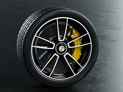 Car Wheel Featuring Modern Alloy Rim And Yellow Brake Caliper Black Tire Design 3d model