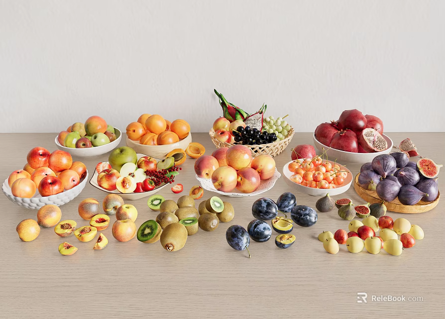 Assorted Fresh Fruits Display With Colorful Bowls And Plates On Table 3d model 