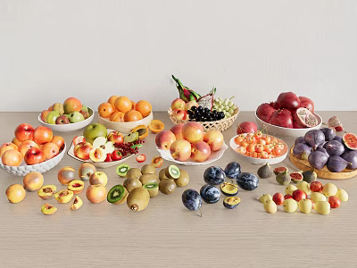 Assorted Fresh Fruits Display With Colorful Bowls And Plates On Table 3d model