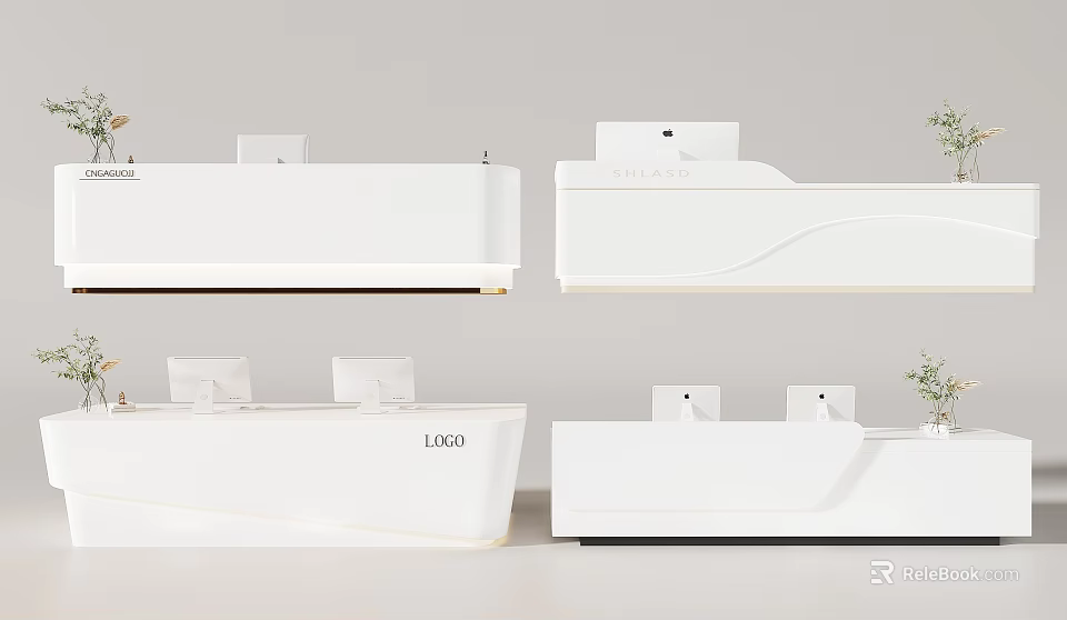 Modern White Store Front Desk With Sleek Design And Small Plant Decorations 3d model 
