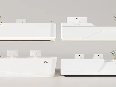 Modern White Store Front Desk With Sleek Design And Small Plant Decorations 3d model