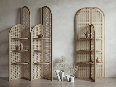 Rattan Room Dividers with Arched Design and Shelves Holding Decorative Vases on Neutral Wall Background 3d model