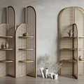 Rattan Room Dividers with Arched Design and Shelves Holding Decorative Vases on Neutral Wall Background