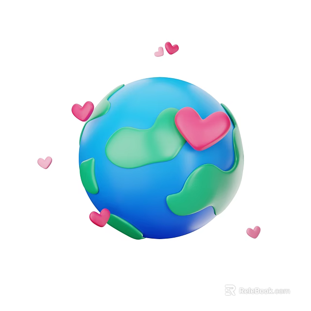 Decorative Ornament Set with Blue Globe Green Patches and Pink Floating Hearts 3d model 