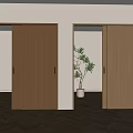 Two Wooden Sliding Doors In Modern Interior With Herringbone Floor And Potted Plant