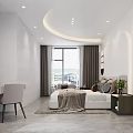 Modern Bedroom Interior with Bed Nightstand Curtains Wooden Door and Round Decoration Wall Shelf