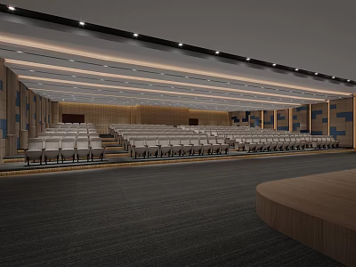 Large Modern Conference Room With Tiered Seating Wooden Walls And Ceiling Lighting Design 3d model