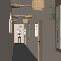 Minimalist Office Hallway With Wooden Beams Woven Rattan Lights And Decorative Paintings