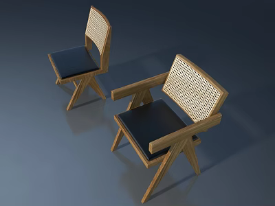 Two Wooden Frame Chairs With Black Cushion And Rattan Backrest Design 3d model