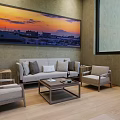 Cozy Modern Interior Space With Wooden Ceiling Hanging Lights Decorative Paintings Sofa Chairs And Flooring
