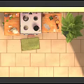 Cartoon Kitchen Scene With Yellow Walls White Green Cabinet Wooden Shelf And Potted Plant