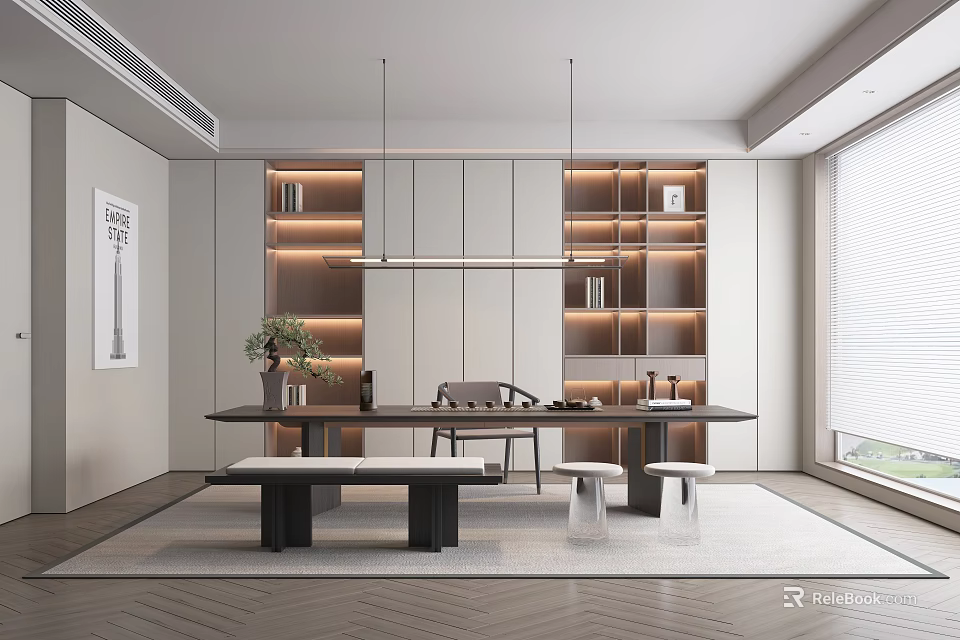 Modern Tea Room Interior With Long Table And Illuminated Shelves 3d model 