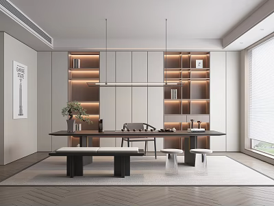 Modern Tea Room Interior With Long Table And Illuminated Shelves 3d model