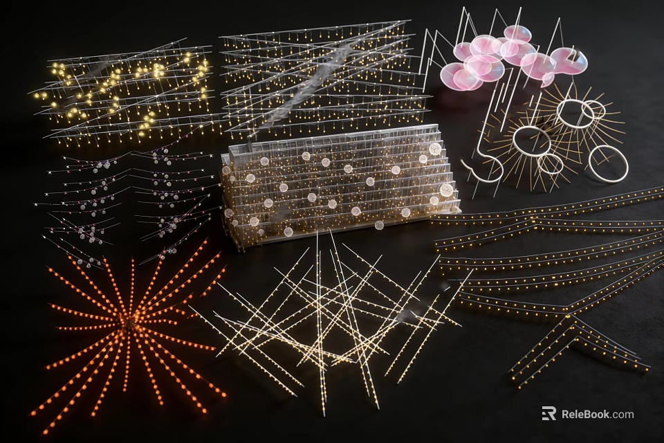 Various Decorative Lights With String Star And Circular Designs For Festive Decoration 3d model 