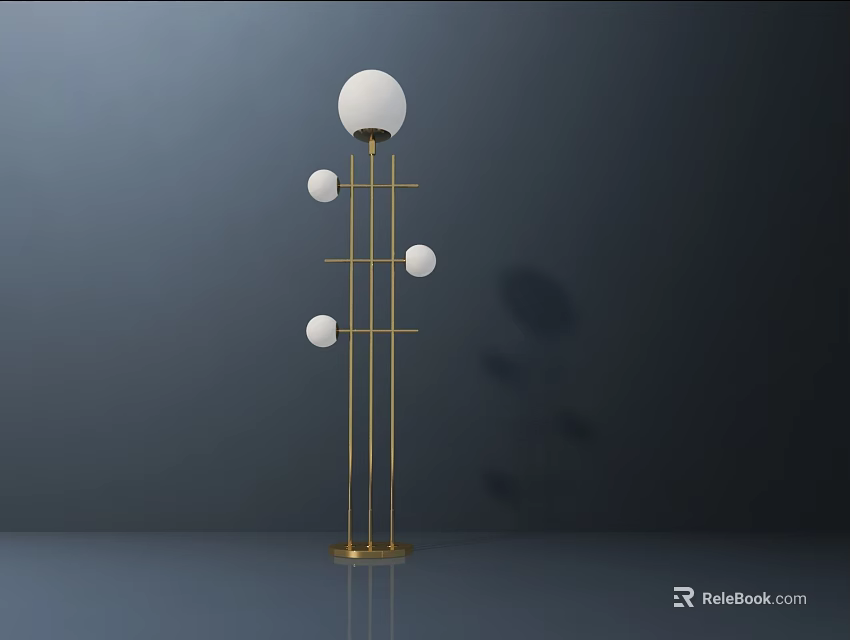 Modern Floor Lamp With Golden Stand And Multiple White Spherical Shades On Dark Background 3d model 