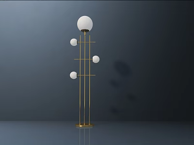 Modern Floor Lamp With Golden Stand And Multiple White Spherical Shades On Dark Background 3d model
