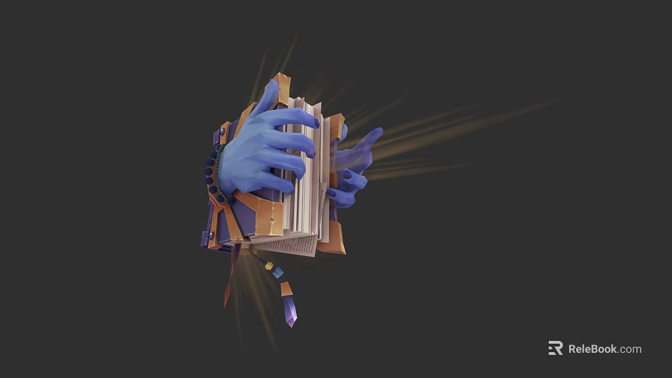 3D Rendered Blue Gloved Hand Holding Open Book Weapon With Glowing Light And Decorative Elements 3d model 