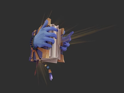 3D Rendered Blue Gloved Hand Holding Open Book Weapon With Glowing Light And Decorative Elements 3d model