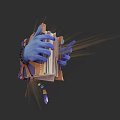 3D Rendered Blue Gloved Hand Holding Open Book Weapon With Glowing Light And Decorative Elements