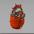 Unique Red Distressed Helmet Design With Decorative Spikes And Inner Structure