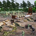 Military Model Scene With Soldiers Cannons Red Airplane And Green Trees