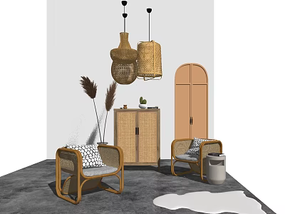 Rattan Leisure Chairs With Wooden Frame Decorative Pillows Cabinet And Pendant Light In Modern Interior 3d model
