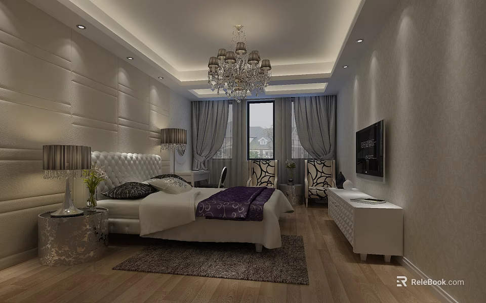 Hotel Guest Room Interior With Paneled Walls Chandelier Bed Curtains TV And Wooden Floor 3d model 
