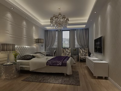 Hotel Guest Room Interior With Paneled Walls Chandelier Bed Curtains TV And Wooden Floor 3d model