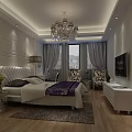 Hotel Guest Room Interior With Paneled Walls Chandelier Bed Curtains TV And Wooden Floor