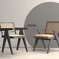 Pair of Modern Leisure Chairs With Woven Backrest Beige Seat And Black Wooden Armrests