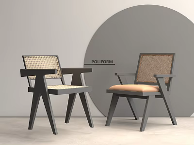 Pair of Modern Leisure Chairs With Woven Backrest Beige Seat And Black Wooden Armrests 3d model