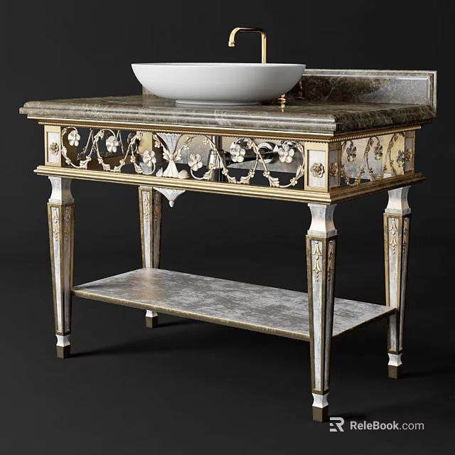 Luxurious Classical Washbasin with White Vessel Marble Countertop and Gold Silver Carved Accents 3d model 
