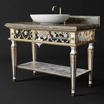 Luxurious Classical Washbasin with White Vessel Marble Countertop and Gold Silver Carved Accents 3d model