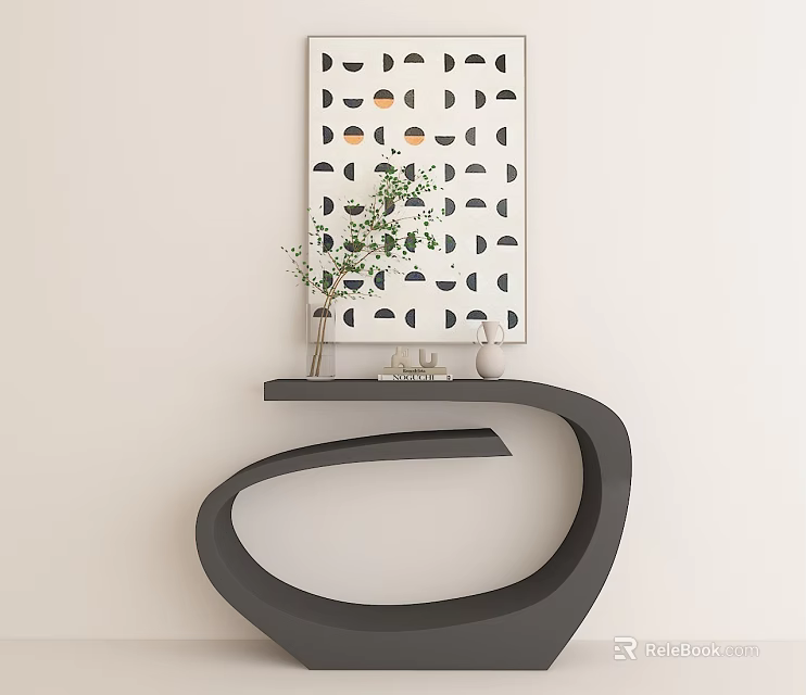 Black Unique Design Console Table With Green Plant Vase And Geometric Pattern Wall Art 3d model
