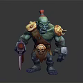 Green Skin Game Movie Character With Red Headdress Yellow Shoulder Armor Skull Decoration And Dagger