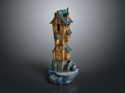 Traditional Wooden Tower With Multiple Floors Blue Roofs Stone Base And Stairs 3d model