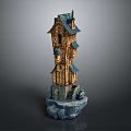 Traditional Wooden Tower With Multiple Floors Blue Roofs Stone Base And Stairs