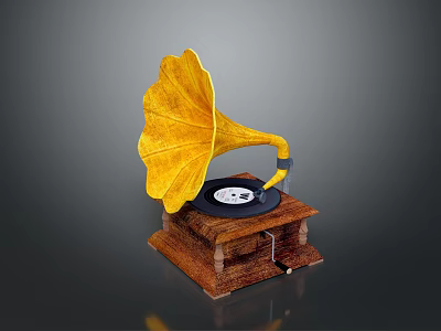 Vintage Gramophone Classic Design with Yellow Horn Black Record and Wooden Base 3d model