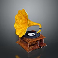 Vintage Gramophone Classic Design with Yellow Horn Black Record and Wooden Base