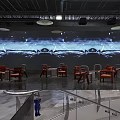 Modern Bar Interior Featuring Red Chairs Round Moon Decoration Arched Passageway And Ocean Wave Screen