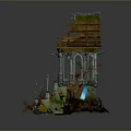 Ancient Ruined 3D Tower Model With Wooden Roof Stone Stairs And Glowing Lights