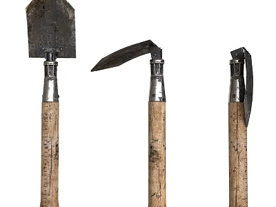 Three Vintage Hardware Tools With Wooden Handles And Metal Heads 3d model