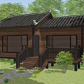 Detached Villa With Wooden Exterior Black Tile Roof Chinese Eaves Deck Steps Green Lawn