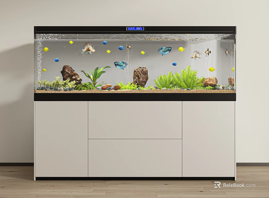 Large Aquarium With Fish Plants Rocks On White Cabinet 3d model