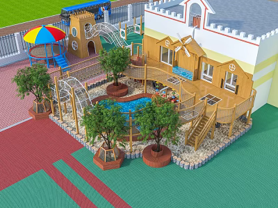 Kids Playground With Castle Shaped Structure Wooden Slide Climbing Frame Colorful Ground And Trees 3d model