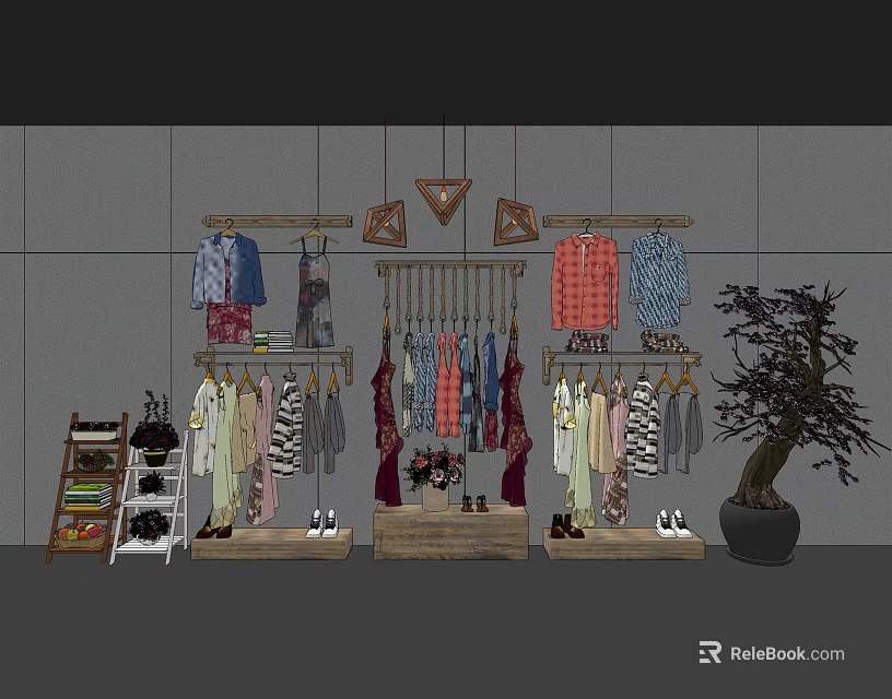 Wooden Display Racks with Hanging Colorful Clothing and Shoes in Retail Store 3d model 