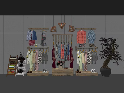 Wooden Display Racks with Hanging Colorful Clothing and Shoes in Retail Store 3d model